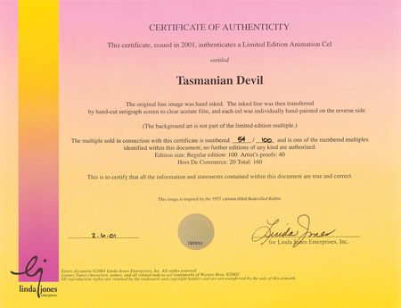 Lot #535 Tasmanian Devil limited edition cel from the Termite Terrace II Portfolio (Ltd. Ed. #54/100) - Image 3