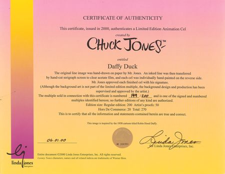 Lot #505 Chuck Jones signed Daffy Duck limited edition cel from the Stars of Termite Terrace Series (Ltd. Ed. #199/200) - Image 4