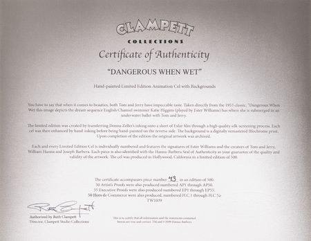 Lot #537 Tom and Jerry limited edition cel signed by Bill from Hanna and Joe Barbera - Dangerous When Wet (Ltd. Ed. #43/500) - Image 5