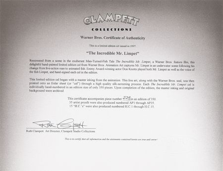 Lot #531 Don Knotts signed hand-painted cel for The Incredible Mr. Limpet (Ltd. Ed. #273/350) - Image 4