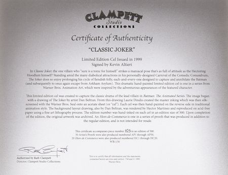 Lot #533 Joker limited edition cel from Warner Bros. Animation Art - 'Classic Joker' (Ltd. Ed. 105/500) - Image 2