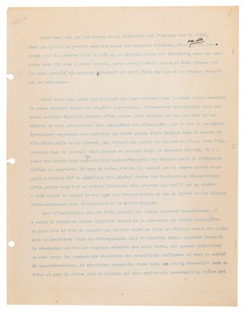 Lot #575 Albert Camus Hand-Corrected Typed Manuscript for His Preface to the Spanish Civil War Anthology, L’Espagne Libre [Free Spain] - Image 2