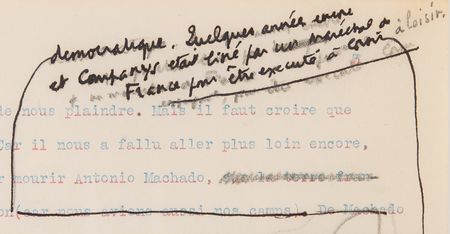 Lot #575 Albert Camus Hand-Corrected Typed Manuscript for His Preface to the Spanish Civil War Anthology, L’Espagne Libre [Free Spain] - Image 5
