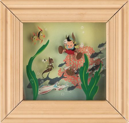 Lot #462 Pinocchio and Jiminy Cricket Courvoisier multiplane painting from Pinocchio - Image 1