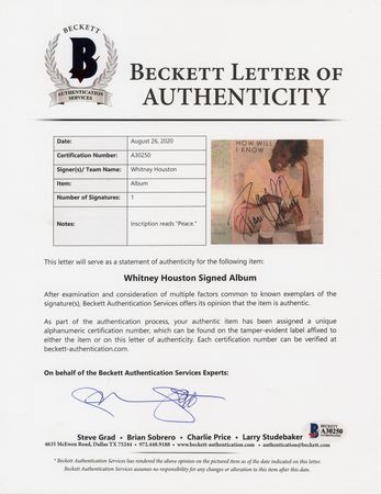 Lot #783 Whitney Houston Signed 45 RPM Picture Sleeve - How Will I Know - Image 2