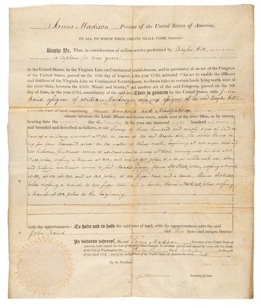 Lot #75 James Madison and James Monroe Document Signed as President and Secretary of State - Land Grant for Continental Army Service - Image 1