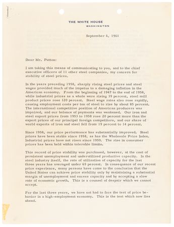Lot #11 President John F. Kennedy Writes in Length to the President of Republic Steel, Stressing that a Hike in Steel Prices Could Have Adverse Effects on the Economy - Image 3
