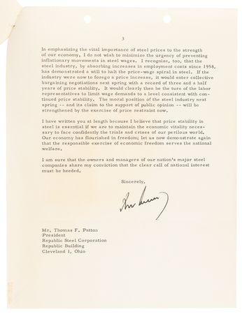 Lot #11 President John F. Kennedy Writes in Length to the President of Republic Steel, Stressing that a Hike in Steel Prices Could Have Adverse Effects on the Economy - Image 5