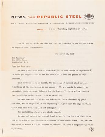Lot #11 President John F. Kennedy Writes in Length to the President of Republic Steel, Stressing that a Hike in Steel Prices Could Have Adverse Effects on the Economy - Image 6