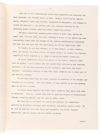 Lot #11 President John F. Kennedy Writes in Length to the President of Republic Steel, Stressing that a Hike in Steel Prices Could Have Adverse Effects on the Economy - Image 7