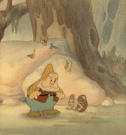Lot #358 Happy and forest animals production cels and production background from Snow White and the Seven Dwarfs - Image 1
