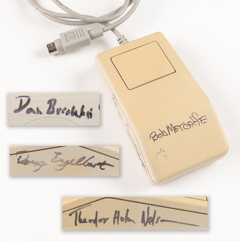 Lot 6132 Tech Innovators Multi-Signed (4) Apple Macintosh Mouse: Douglas Engelbart, Robert Metcalfe, Ted Nelson, and Dan Bricklin