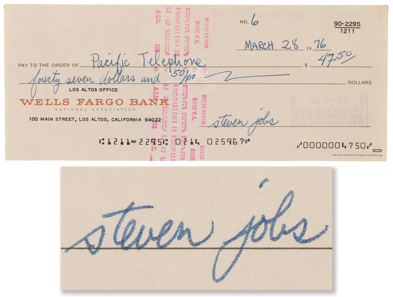 Lot 6001 Steve Jobs Filled Out and Signed 1976 Apple Computer Co. Check No. 6, Listing the Names of the Company's Three Original Founders - ?Apple Computer Co., Steven Jobs & Stephen Wozniak & Ronald Wayne?