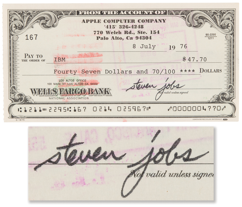 Lot 6002 Steve Jobs Signed 1976 ?Apple Computer Company? Check to IBM - Filled Out Entirely by the Company's Co-Founder