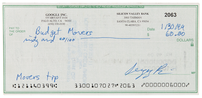 Lot 6146 Google: Sergey Brin Signed Check to Budget Movers, Marking Google's Transition Into Its First Office Space