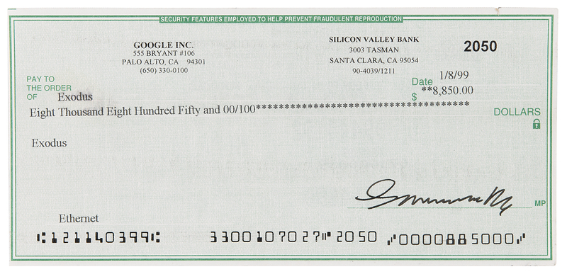 Lot 6147 Google: Larry Page Signed Check to Exodus, an Early Web Hosting/Data Center Provider