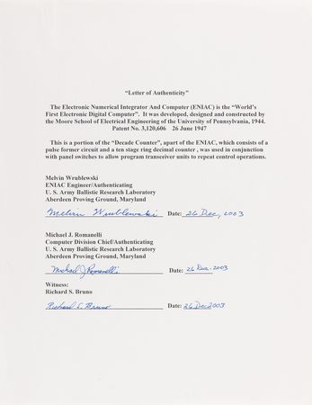 Lot #6157 ENIAC Original Section of the ?Decade Counter? - Certified by Members of the United States Army's Ballistic Research Laboratory - Image 16