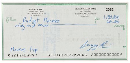 Lot #6146 Google: Sergey Brin Signed Check to