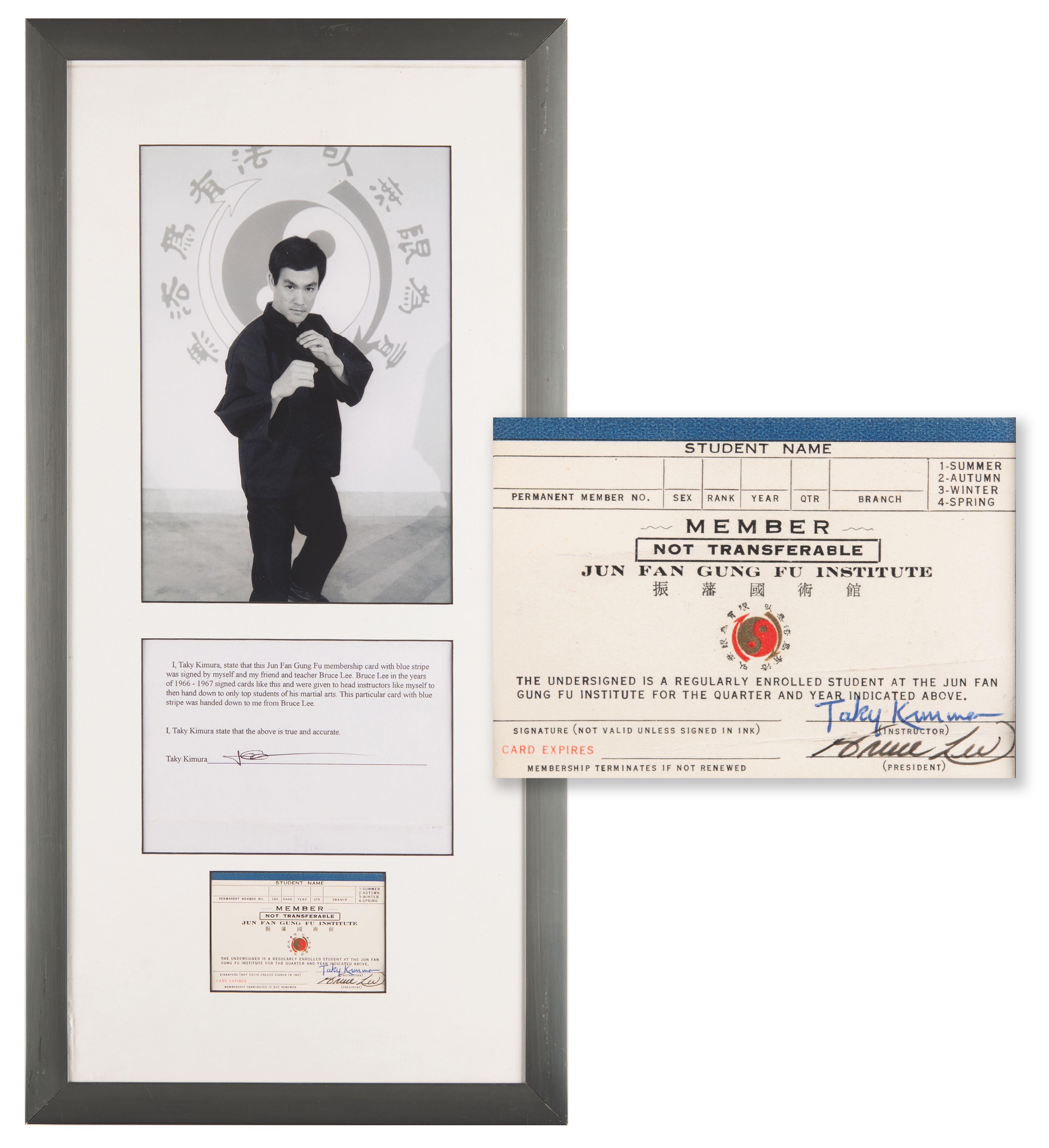 Bruce Lee Signed Membership Card for the First Jun Fan Gung Fu Institute  (1966-1967)