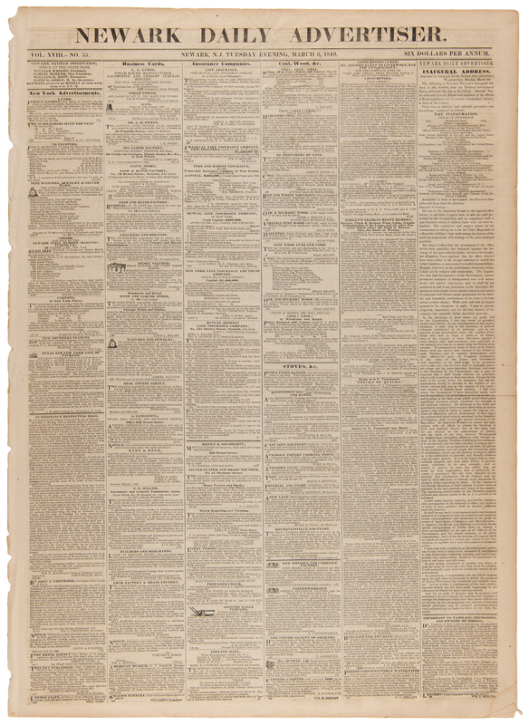 Lot 125 Zachary Taylor: The Newark Daily Advertiser from March 6, 1849 - Full Text of His Inaugural Address