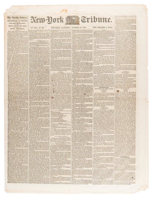 Lot 256 John Brown: New York Tribune from October 22, 1859