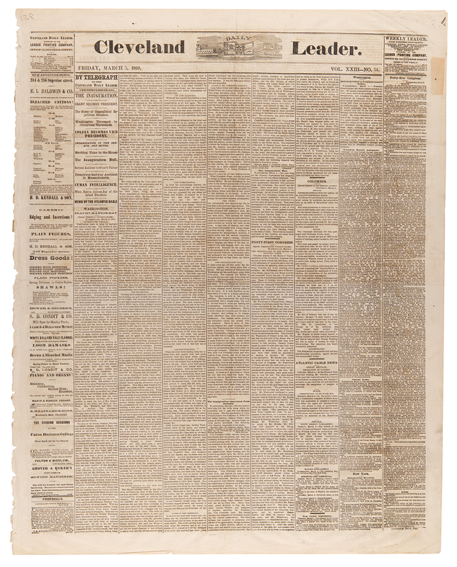 Lot 72 U. S. Grant: The Cleveland Daily Leader from March 5, 1869 - Historic Reports of the Presidential Inauguration