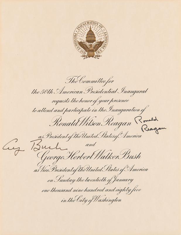Lot 114 Ronald Reagan and George Bush Signed Inauguration Invitation and Inaugural Gifts/Ephemera