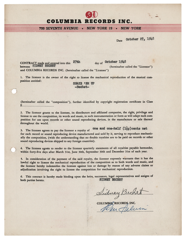 Lot 707 Sidney Bechet Signed Contract with Columbia Records