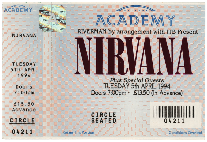 Lot 791 Kurt Cobain: Full Nirvana Concert Ticket (Brixton Academy in London, April 5, 1994)