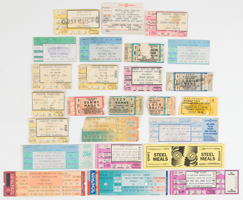 Lot 761 Concert Tickets and Stubs (24) from the 1980s and 1990s, with Pink Floyd, Black Sabbath, U2, and Guns N' Roses/Metallica