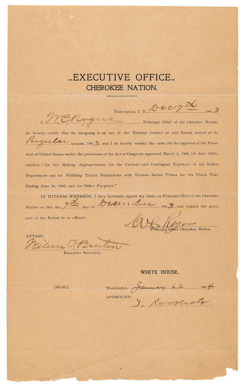 Lot 346 Theodore Roosevelt Document Signed as President, Approving an Act of the Cherokee Nation