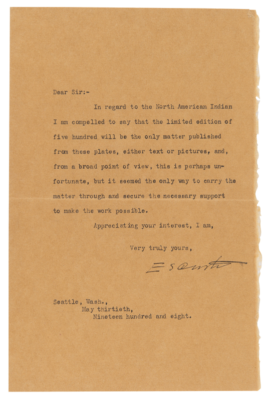 Lot 339 Edward S. Curtis Typed Letter Signed on His Magnum Opus, 