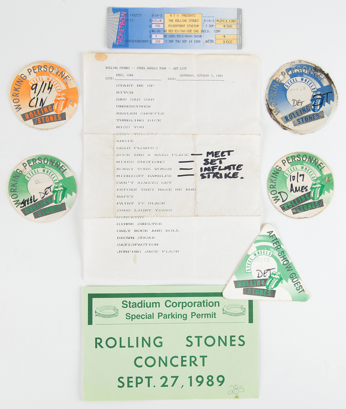 Lot 811 Rolling Stones 1989 Steel Wheels Tour Set List, Backstage Passes, and Parking Pass