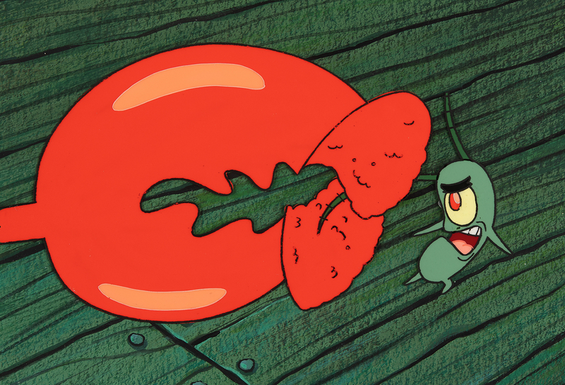 Lot 591 Plankton and lobster claw production cel and master production background from SpongeBob SquarePants