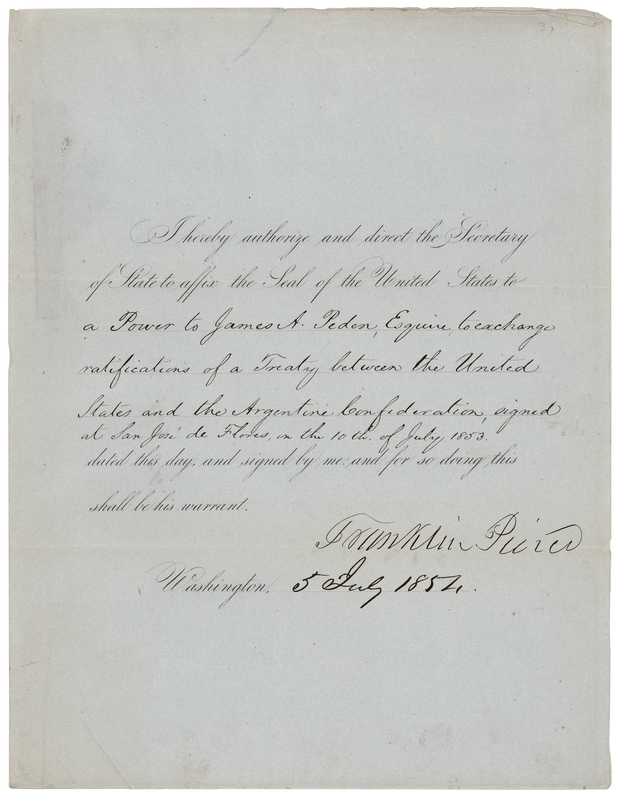 Lot 109 President Franklin Pierce Signed Document for a Free Navigation Treaty in South America