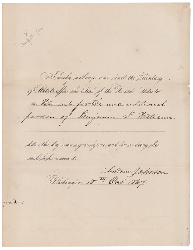 Lot 85 Andrew Johnson Document Signed as President, Pardoning a Counterfeiter