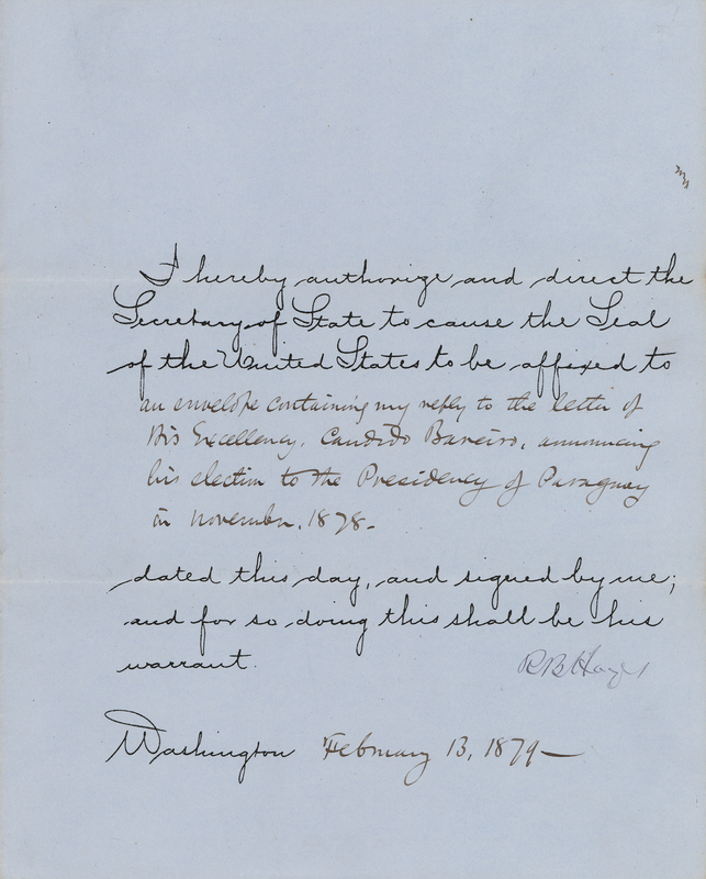 Lot 76 Rutherford B. Hayes Document Signed as President, Congratulating the New President of Paraguay