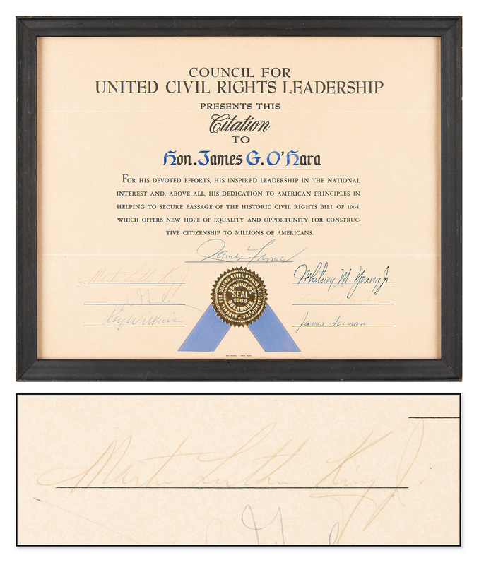 Lot 191 Martin Luther King, Jr. and Civil Rights Leaders Signed Certificate to Hon. James O'Hara, for 