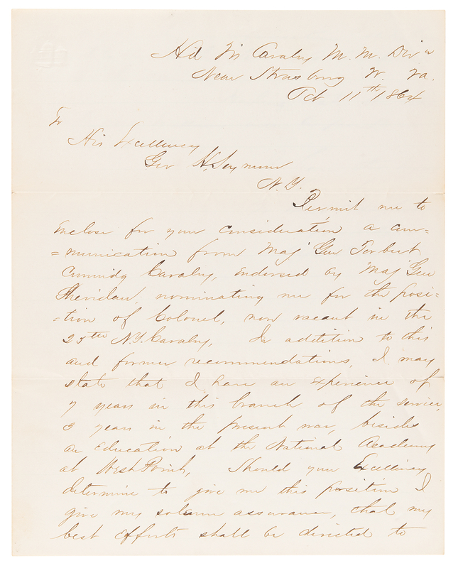 Lot 458 Marcus A. Reno Civil War-Dated Autograph Letter Signed to Governor Horatio Seymour, Requesting a Promotion