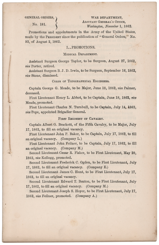 Lot 425 [George A. Custer] General Orders No. 181, Listing Custer's Promotion to 1st Lieutenant (November 1, 1862)