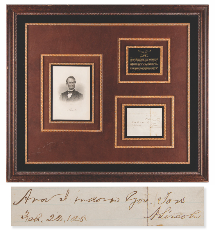 Lot 9 Abraham Lincoln Autograph Endorsement Signed as President, Endorsing Former Ohio Governor David Tod