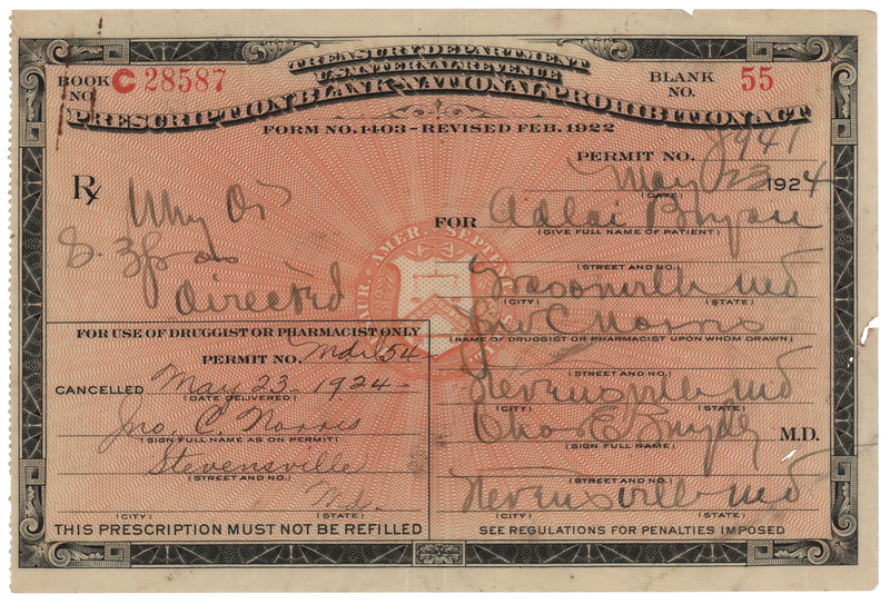 Lot 306 Prohibition: 1924 Liquor Prescription for Whiskey