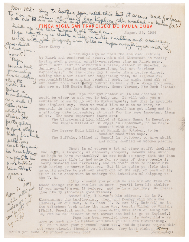 Lot 610 Ernest Hemingway Autograph Note Signed on Mary Hemingway Typed Letter Signed, re: Taxidermy Safari Trophies of a Black-Maned Lion, Impala, Kudu, and Buffalo