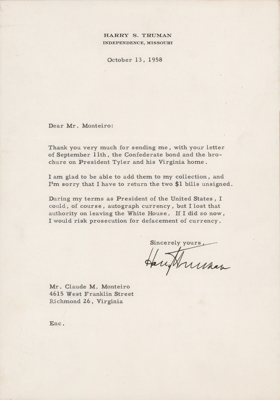 Lot 131 Harry S. Truman Typed Letter Declining to Sign Paper Money - 