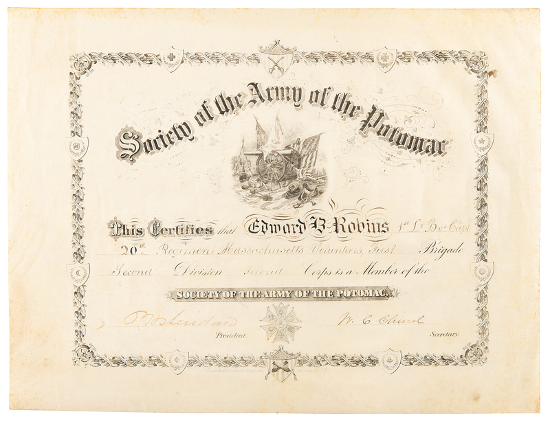 Lot 464 Philip H. Sheridan Document Signed - Society of the Army of the Potomac Membership Certificate