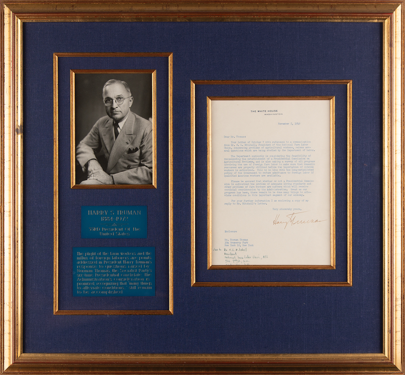 Lot 128 President Harry S. Truman on the Establishment of a Presidential Commission on Agricultural Problems
