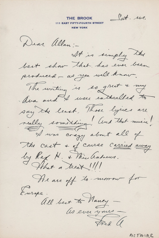 Lot 873 Fred Astaire Autograph Letter Signed to Alan Jay Lerner on My Fair Lady - 