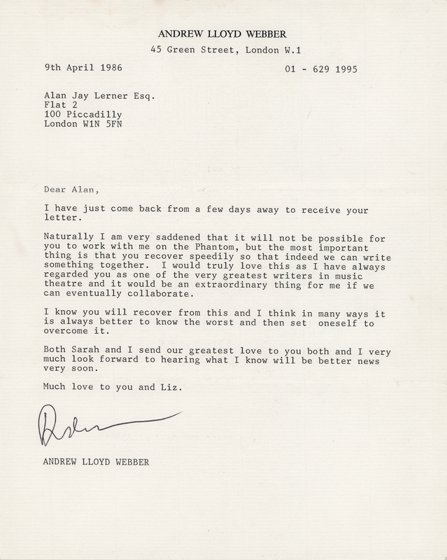 Lot 712 Andrew Lloyd Webber Typed Letter Signed to Alan Jay Lerner - 