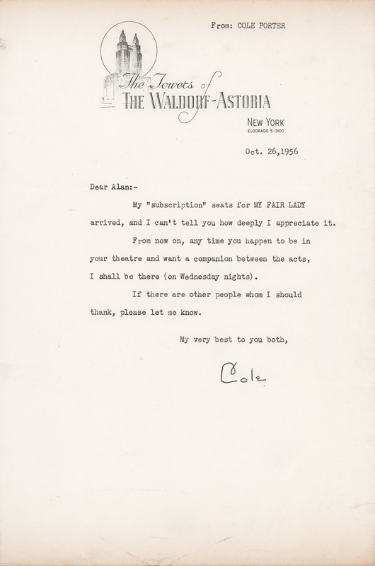 Lot 714 Cole Porter Typed Letter Signed to Alan Jay Lerner - 