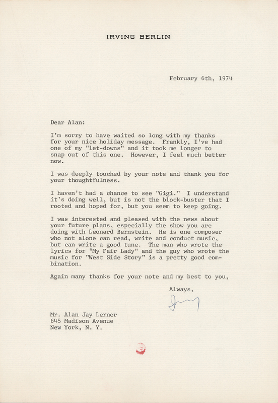 Lot 708 Irving Berlin Typed Letter Signed to Alan Jay Lerner on His 